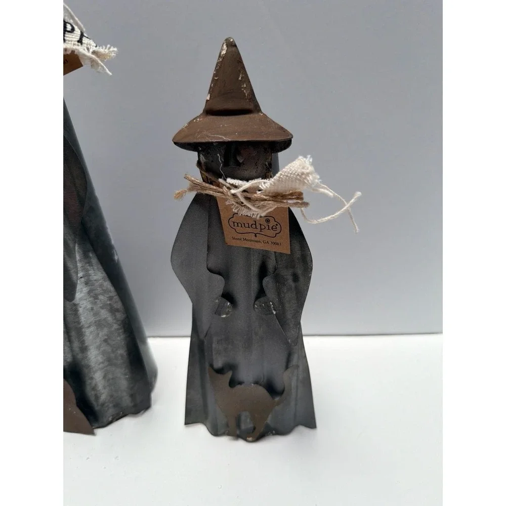 Mud Pie Set of 2 Galvanized Metal Halloween Witch Figures with Broom and‎ Cat